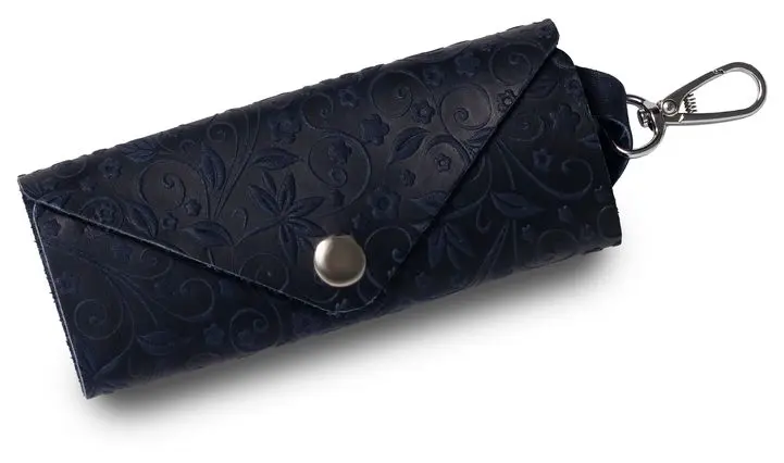 Ключница из натуральной кожи на кнопке, синяя, тиснение "Флаверс"