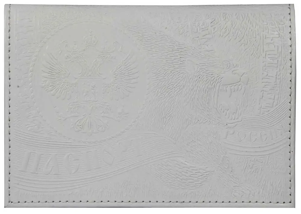 Обложка для паспорта из натуральной кожи, белый, тисн.блинтовое"Медведь"