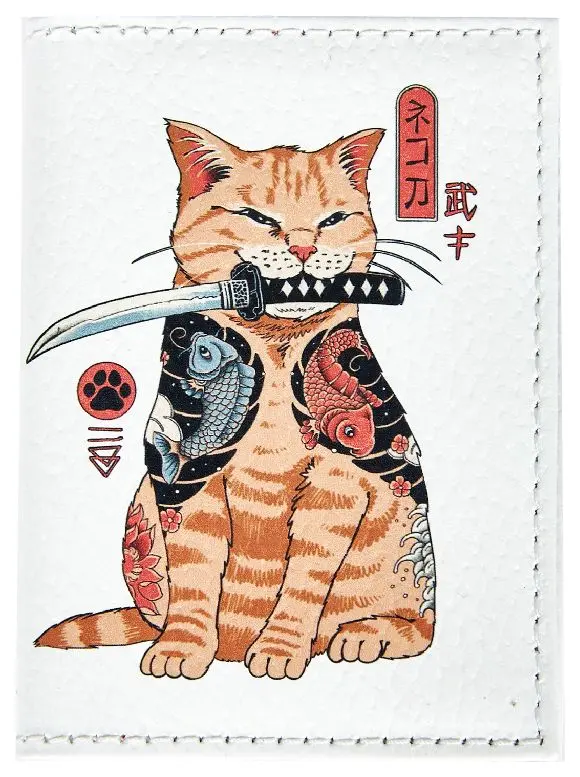 Визитница вертикальная 1 секц. (18 карманов) из натуральной кожи, цветной рисунок по коже "Кот с саблей"