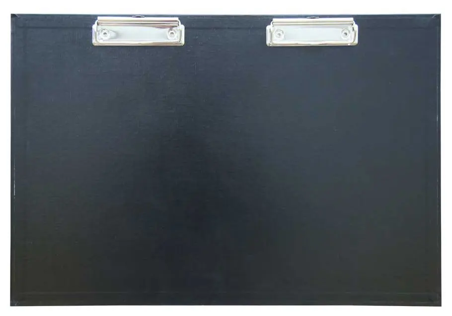 Папка-планшет без крышки, горизонтальный, бумвинил А3 с двумя металлическими зажимами (с вытягивыющимся подвесом) черный