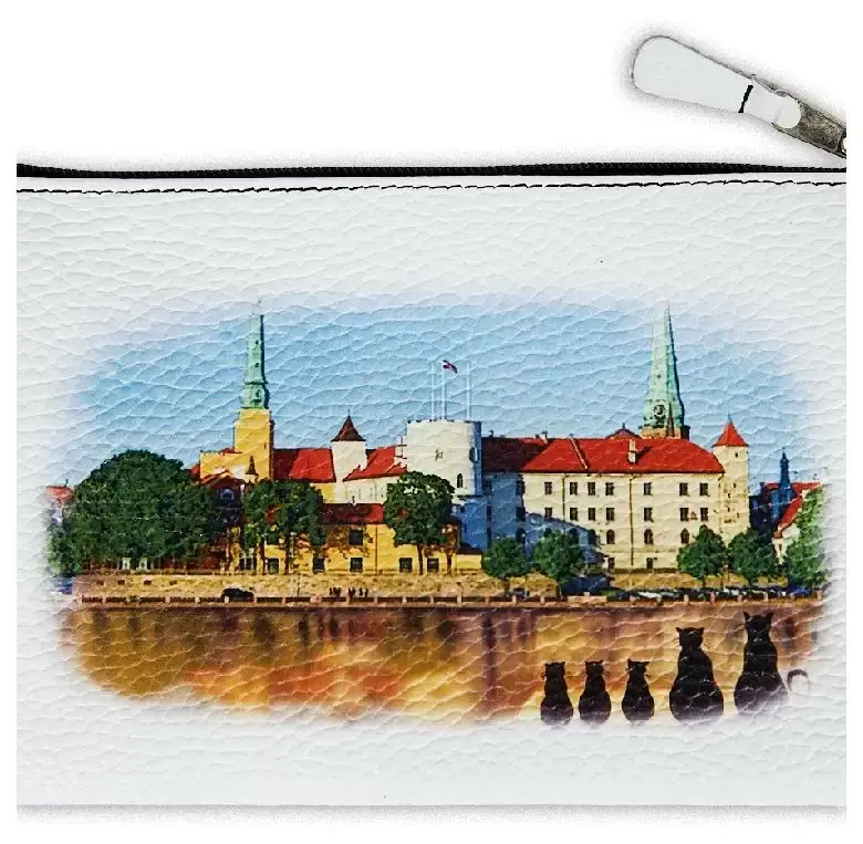 Косметичка из натуральной кожи 21x0,5x12,5 см, цветной рисунок по коже "Пять котов"